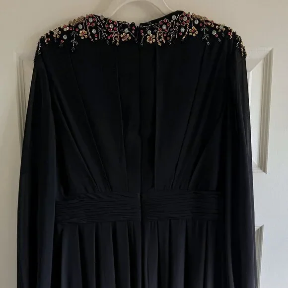 Black Embellished Shoulder Blouson Sleeve Evening Gown - Picture 4 of 6